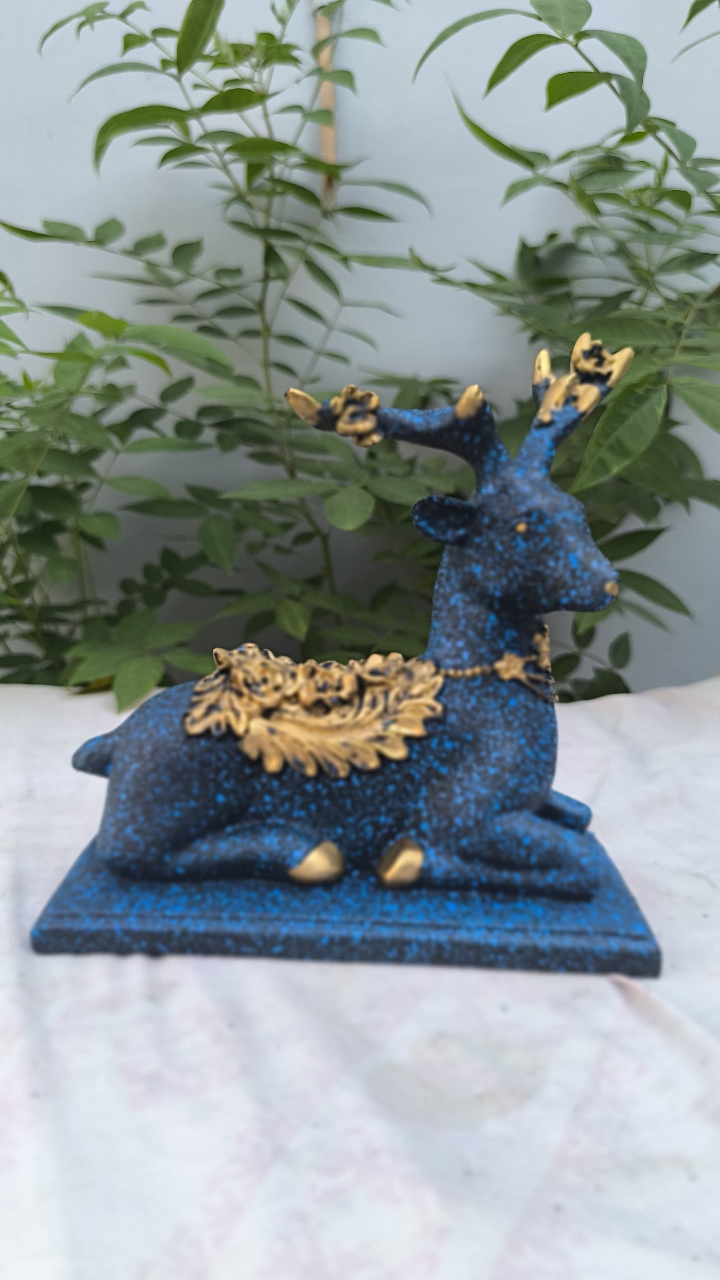 13 Inch Blue Golden Royal Deer Showpiece | Elegant Resin Animal Figurine for Home Decor, Tabletop & Gifting