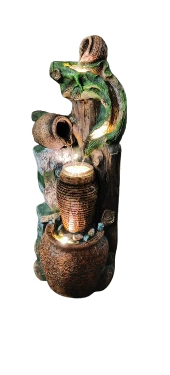 Trisaini Craft Jad Matki Water Fountain for Home Decor | Indoor Tabletop Office | Lawn Balcony | Gift Gifting with LED Lights Water Pump | Natural Wooden Log Pot Water Fountain