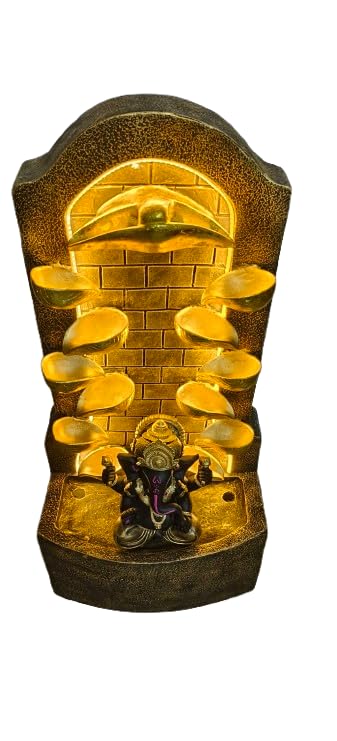Trisaini Craft Fiberglass Water Fountain 44 Inch Antique Diya Ganesh Fiber Water Fountain for Living Room Home Decor Garden Patio Deck Porch with Led Lights Water Pump
