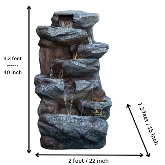 Trisaini Craft Cascading Rock Waterfall Fountain, Indoor Outdoor Decorative Water Feature, Grey Stone Finish with LED Lights and Water Pump