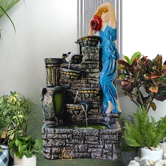 Trisaini Craft 4.5 Feet Lady with 4 Pot Premium Fiber Water Fountain for Living Room Home Decor Garden Patio Deck Porch - Yard Art Decoration Gift Gifting with LED Lights Water Pump