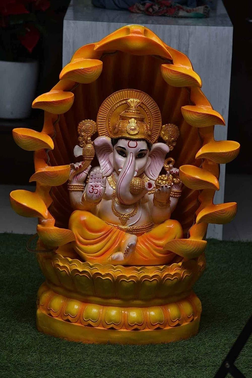 Trisaini Craft 3ft Diya Mandir Ganesh Fiber Water Fountain for Living Room Puja Room Home Decor Garden Patio Deck Porch - Yard Art Decoration Gift Gifting with LED Lights Water Pump