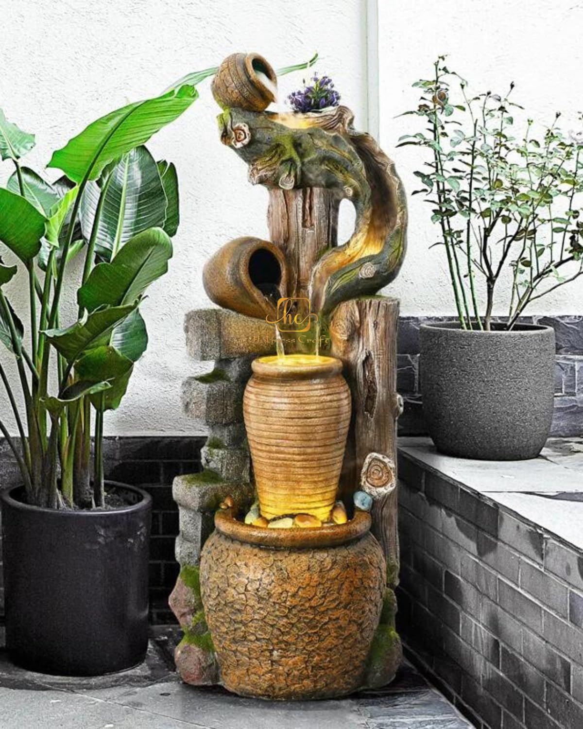 Trisaini Craft Resin, glass, stone Flowerpot Water Fountain Landscape Decoration for Living Room Home Decor Garden Patio Deck Porch - Yard Art Decoration Gift Gifting with LED Lights Water Pump