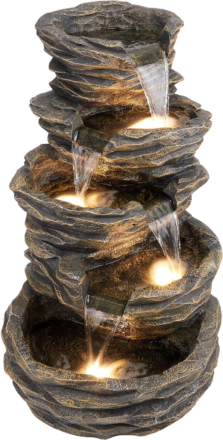 Trisaini Craft 5 - Tier Cascading Spiral Rustic Rock Fountain for Indoor Outdoor Living Room Home Decor Garden Patio Deck Porch - Yard Art Decoration Gift Gifting with Light and Water Pump