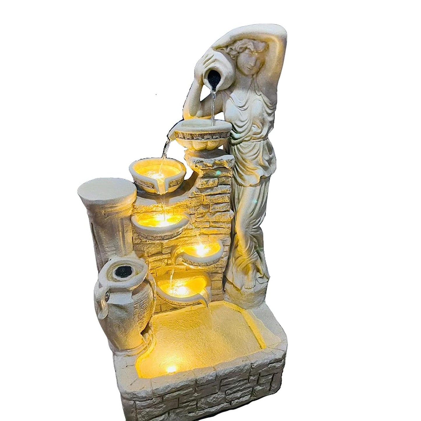 Trisaini Craft 4.5 ft Lady with 4 Pot Premium Fiber Water Fountain for Living Room Home Decor Garden Patio Deck Porch - Yard Art Decoration Gift Gifting with LED Lights Water Pump