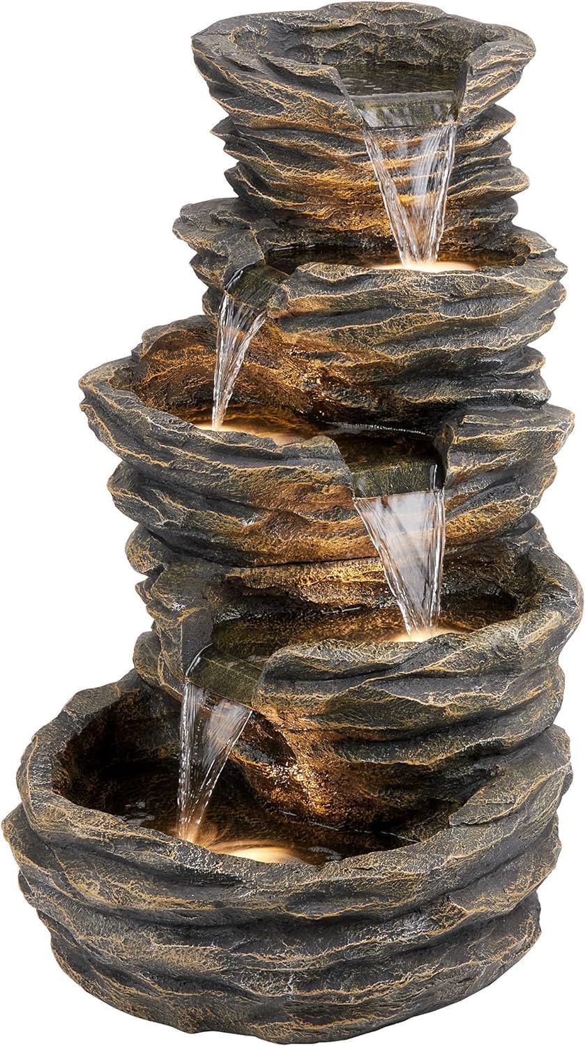 Trisaini Craft 5 - Tier Cascading Spiral Rustic Rock Fountain for Indoor Outdoor Living Room Home Decor Garden Patio Deck Porch - Yard Art Decoration Gift Gifting with Light and Water Pump