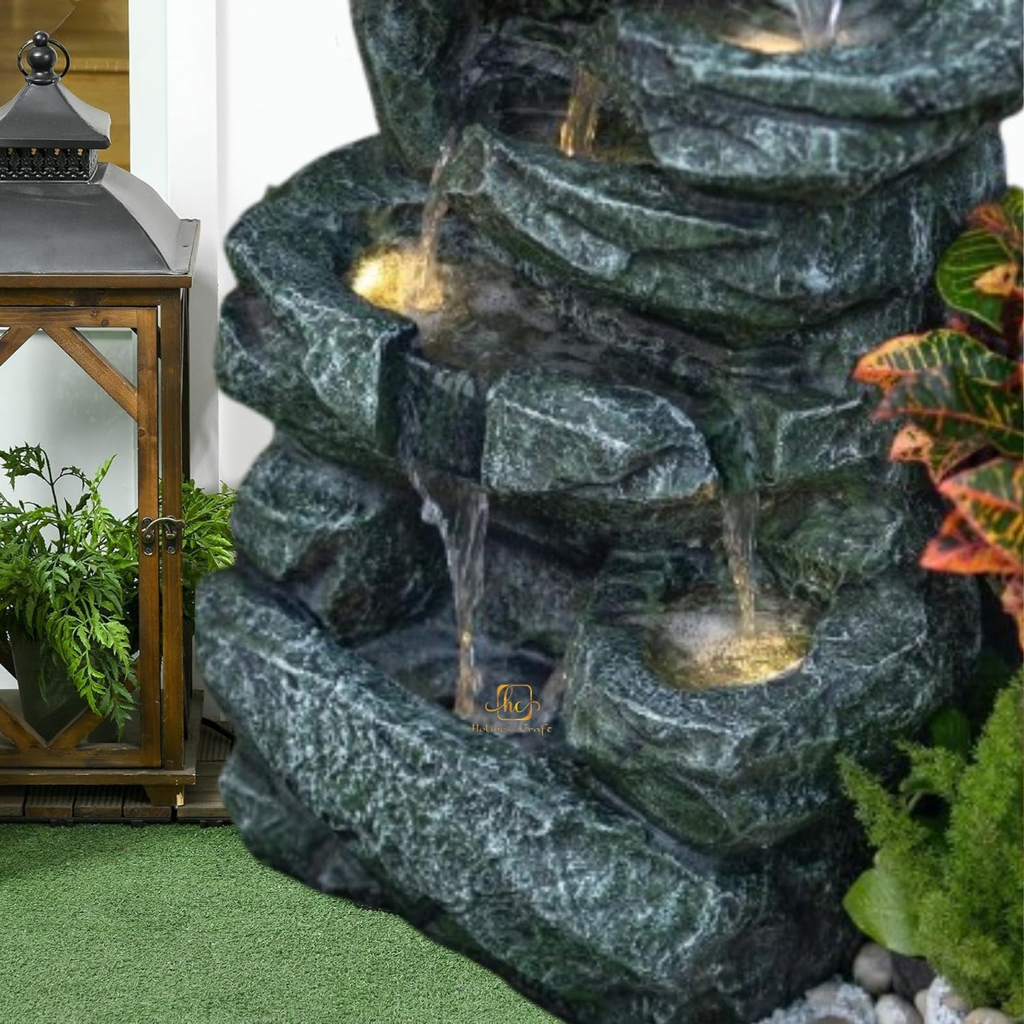 Trisaini Craft Rock Waterfall Fountain, Indoor Outdoor Multi-Tier Cascading Design, Green Stone Finish with LED Lights and Water Motor