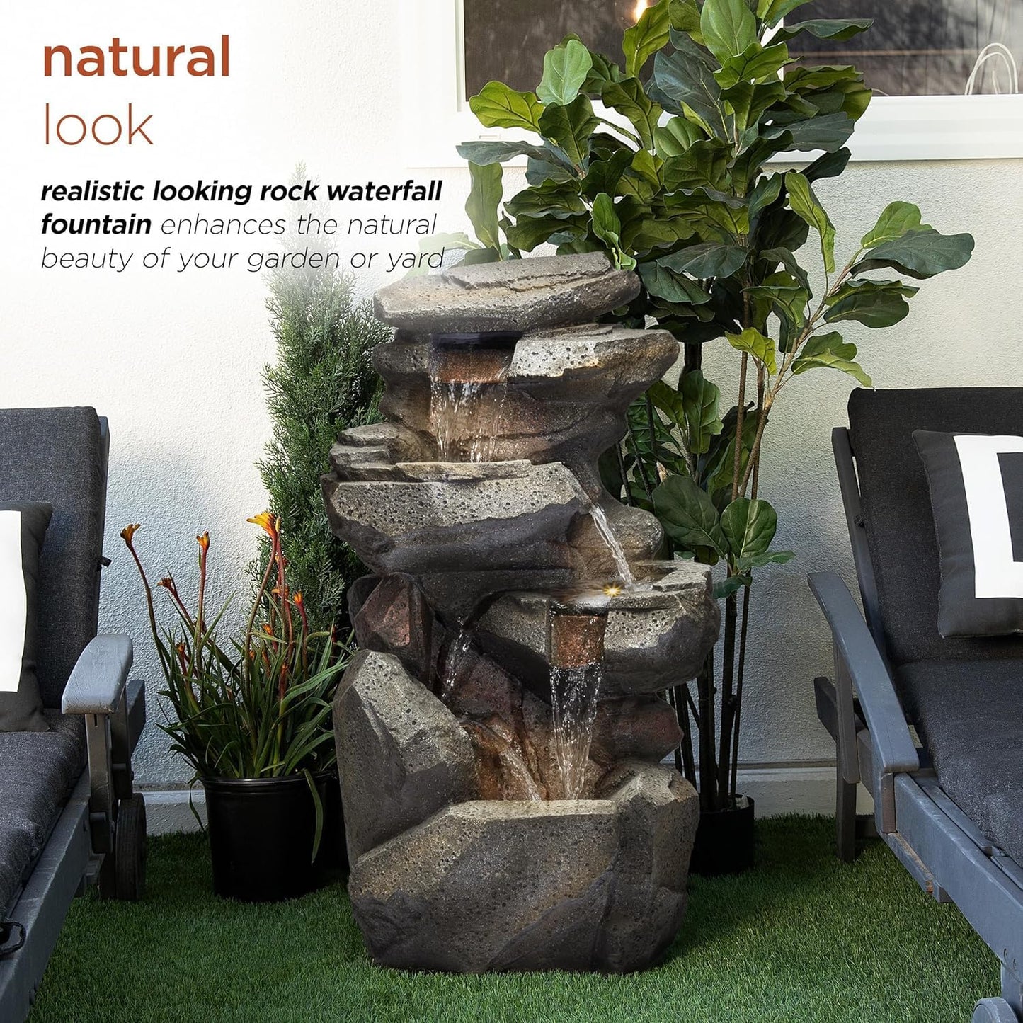 Trisaini Craft Rock Waterfall Outdoor Water Fountain for Living Room Home Decor Garden Patio Deck Porch - Yard Art Decoration Gift Gifting with LED Lights Water Pump