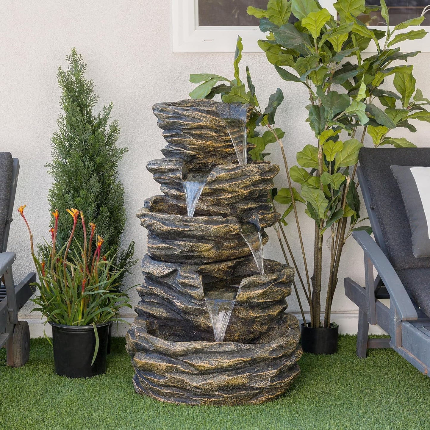 Trisaini Craft 5 - Tier Cascading Spiral Rustic Rock Fountain for Indoor Outdoor Living Room Home Decor Garden Patio Deck Porch - Yard Art Decoration Gift Gifting with Light and Water Pump