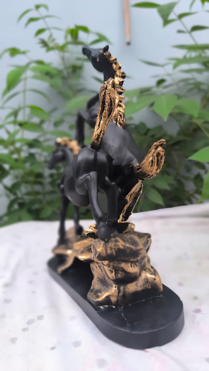 11 Inch Double Horse Showpiece | Black & Gold Running Horse Statue for Home Decor, Office Table & Gift Item