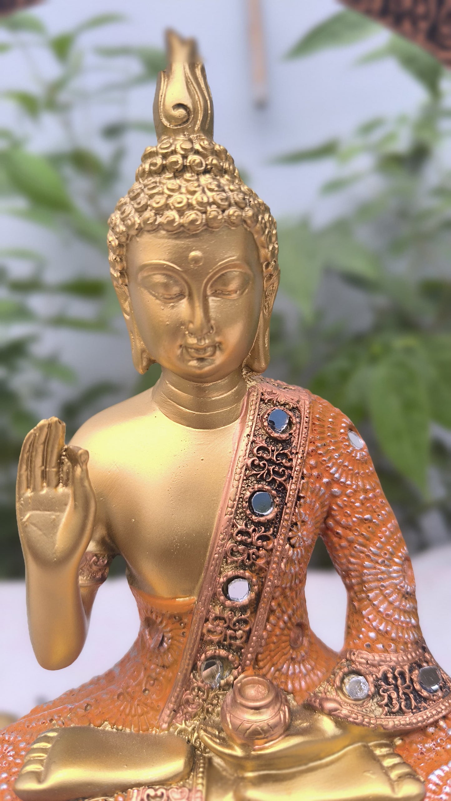 11 Inch Resin Buddha Idol in Hand Cradle with Moon Arc | Orange & Golden Decorative Buddha Statue for Home, Mandir & Gift"