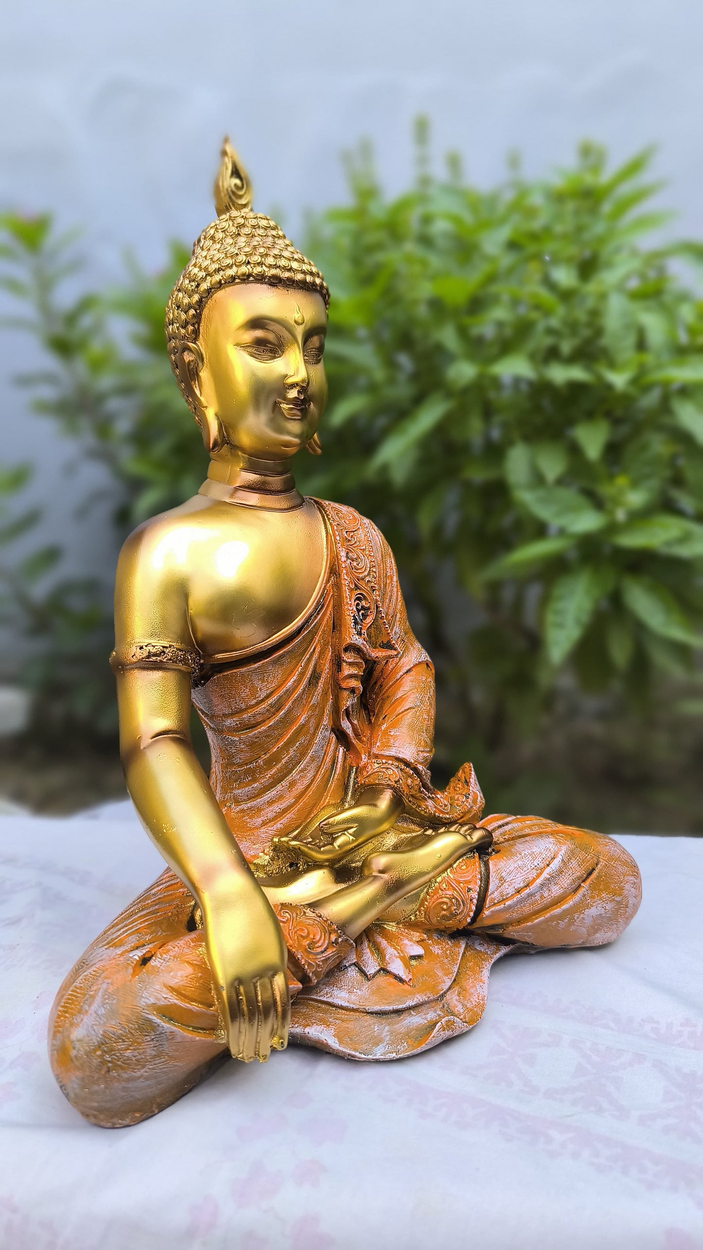 13 Inch Golden Orange Resin Buddha Idol | Meditating Gautam Buddha Statue for Home, Temple & Gift Decoration