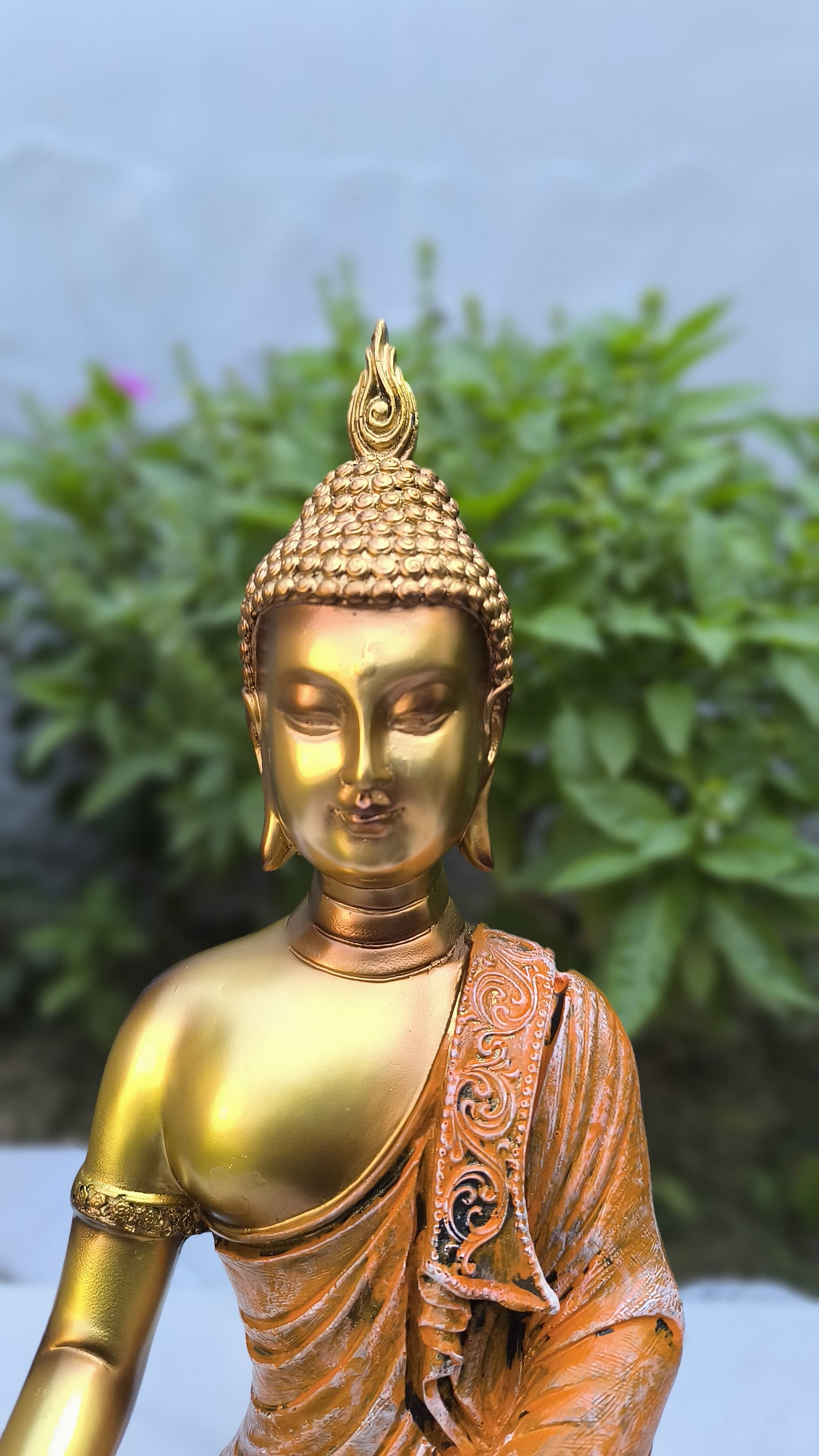 13 Inch Golden Orange Resin Buddha Idol | Meditating Gautam Buddha Statue for Home, Temple & Gift Decoration