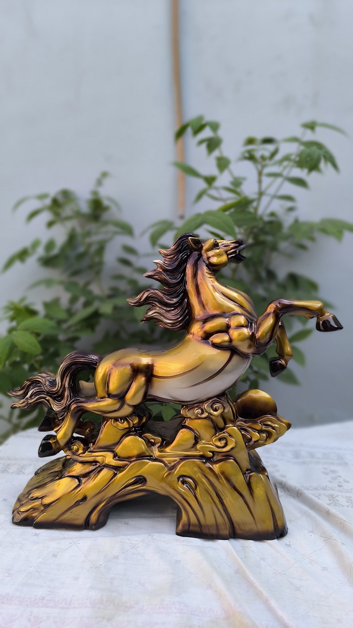 16 Inch Golden Horse Statue for Home Decor | Running Horse Showpiece for Wealth, Success & Feng Shui