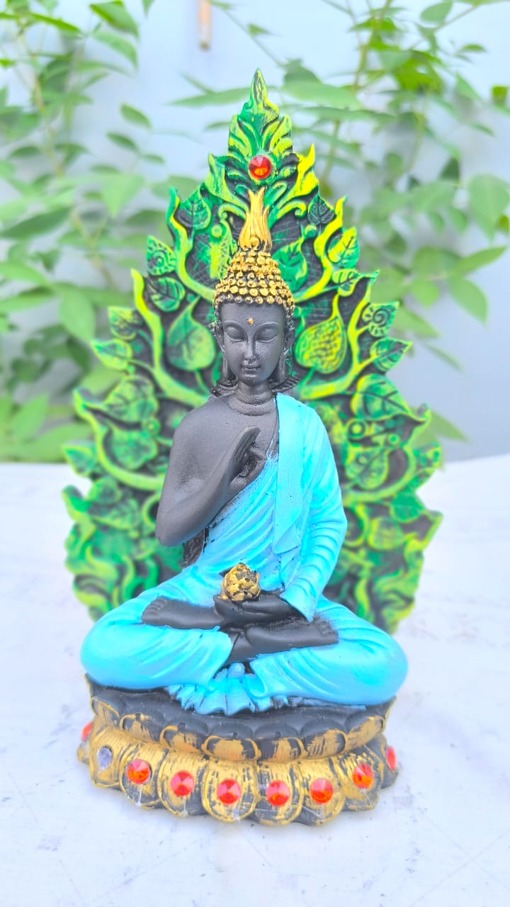 10 Inch Resin Buddha Idol with Tree Backdrop | Meditating Buddha Statue for Home Decor, Office & Gift | Spiritual Showpiece in Blue & Green Finish