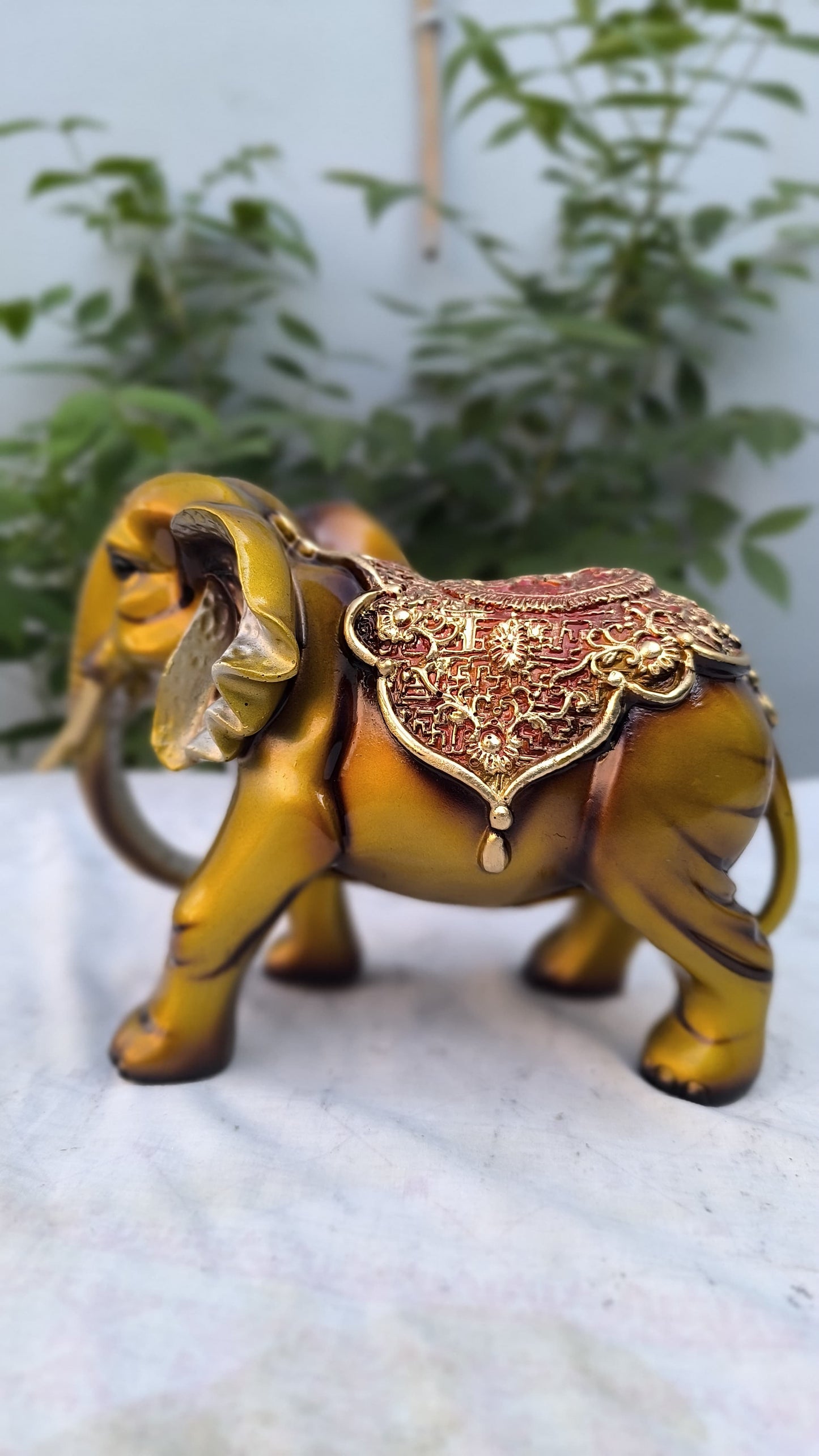 12 Inch Decorative Golden Elephant Showpiece | Resin Elephant Idol for Home Decor & Vastu