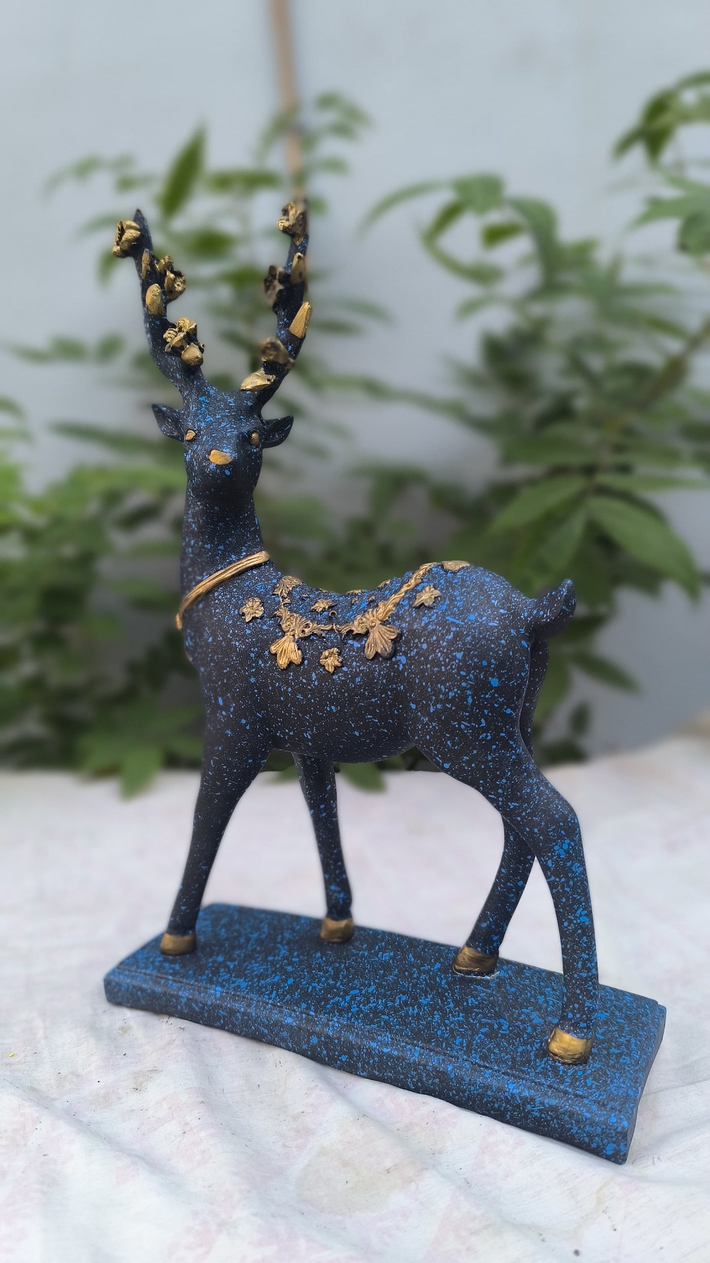 15 Inch Decorative Deer Statue | Blue & Gold Hiran Showpiece for Home Decor, Living Room & Office