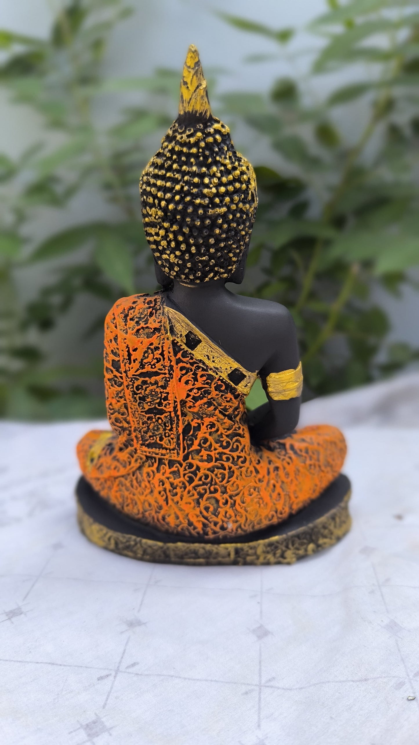 Resin Meditating 9 Inch Buddha Idol with Orange Golden Robe | Spiritual Buddha Statue for Home Decor, Office & Gift | Peaceful Showpiece for Meditation Corner
