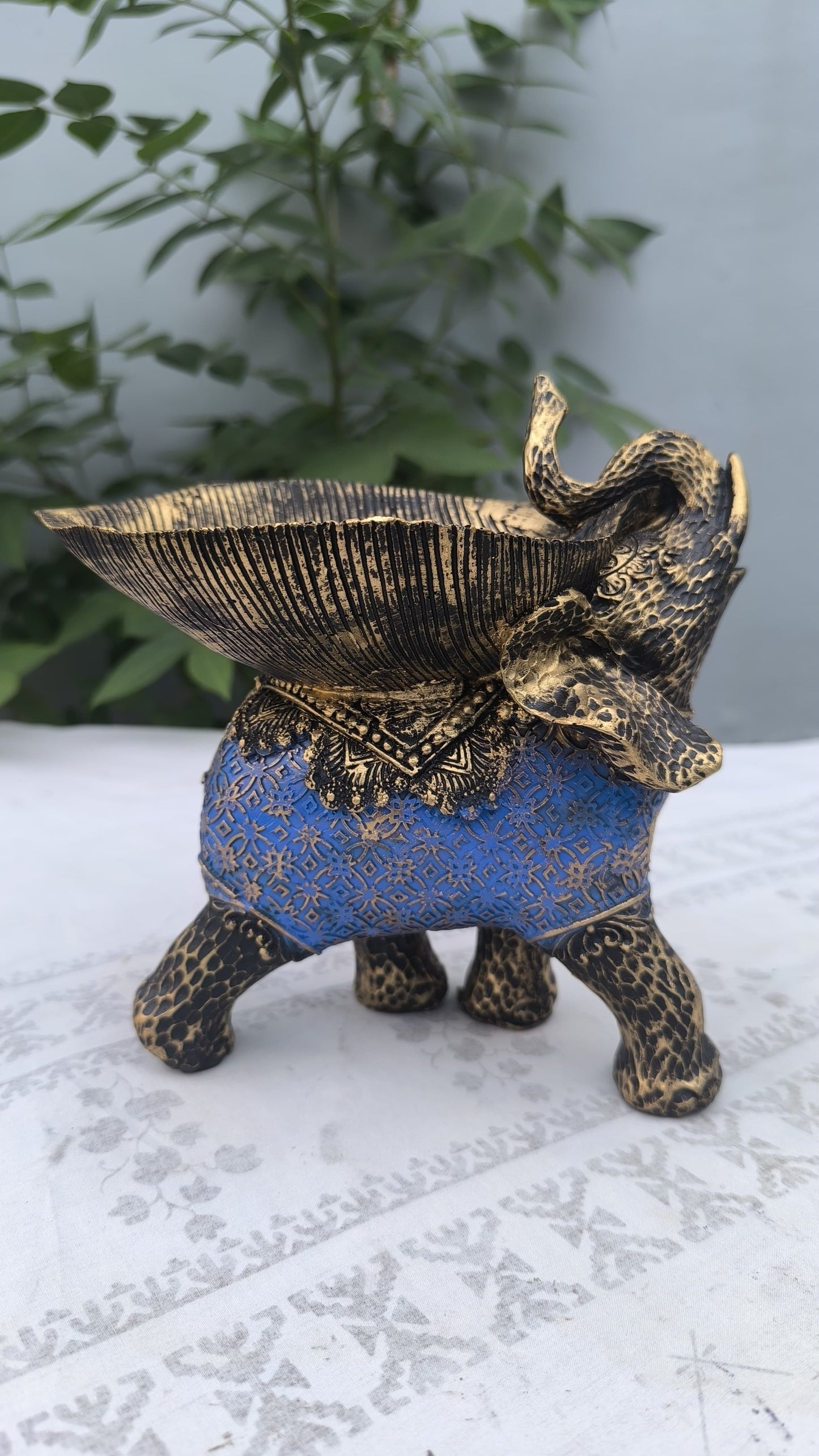 8 Inch Resin Elephant Bowl Showpiece Set of 3 | Decorative Elephant Platter for Home Dacore, Table Centerpiece & Gift | Antique Finish Blue Elephant Figurine