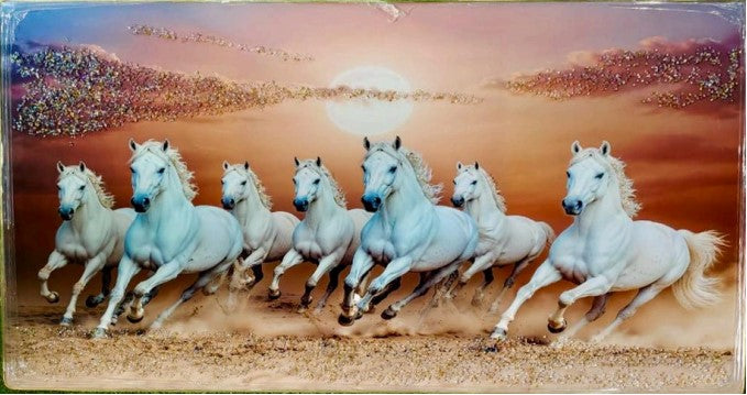 7 Horses Vastu Frames | Seven Running White Horses Paintings for Home Office Wall Decoration