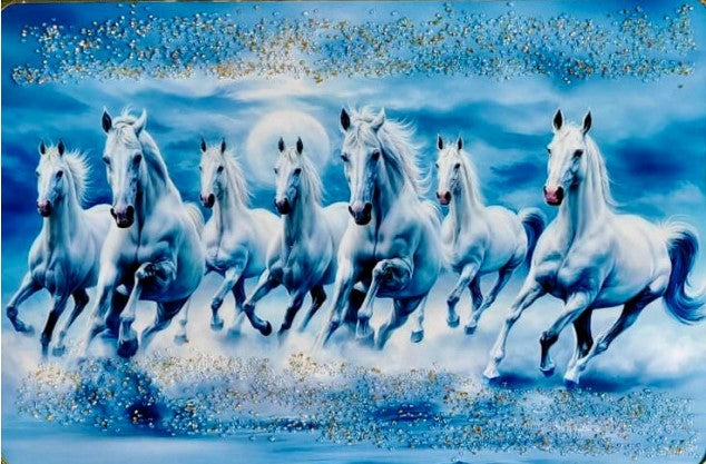 UV Matt Textured Lucky Seven Running Horses Vastu Digital Reprint Wall Painting with Frame for Living Room|Wall Decoration|Gift Items