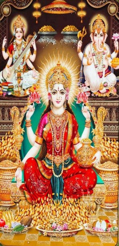 Blessings Crystal Poster - Lakshmi, Saraswati, Ganesh, Kuber in Golden-Brown Acrylic Frame