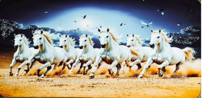 Seven White Running Horses Night Moon/Lucky 7 White Horse Vastu Painting Wall Art Photo Frame For Home Mandir Office Living Room Décor
