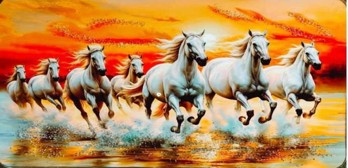 7 Running Horse Vastu Photo Framed White Horse Religious Animal Premium Painting Sunrise Artwork Yellow Theme For Office Home Office wall decor Synthetic Wood Modern Black Frame