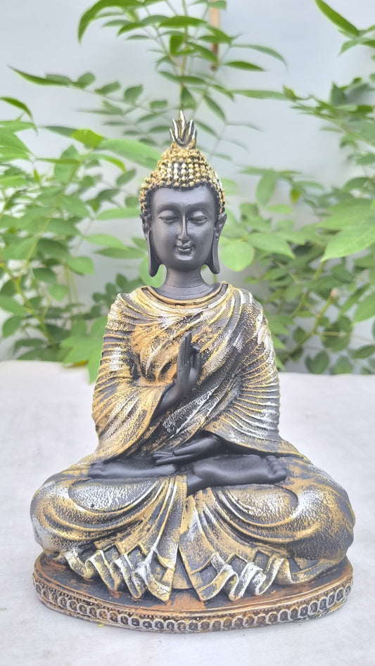 10 Inch Buddha Statue for Home Decor | Antique Finish Gautam Buddha Idol for Peace & Prosperity Black & Yellow