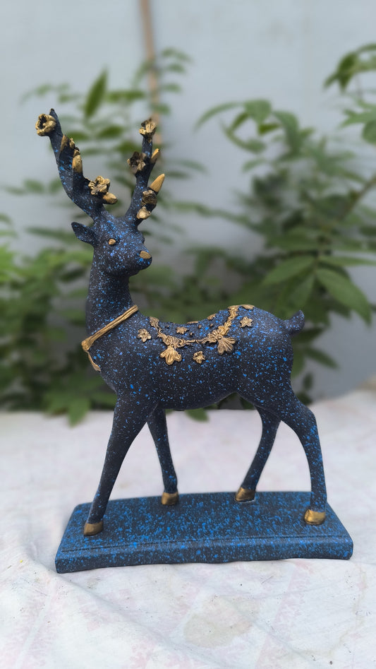 15 Inch Decorative Deer Statue | Blue & Gold Hiran Showpiece for Home Decor, Living Room & Office