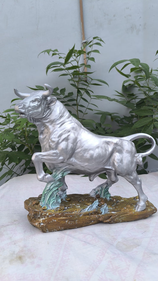 13 Inch Silver Bull Showpiece | Powerful Ox Idol for Office Desk, Home Decor & Gifting