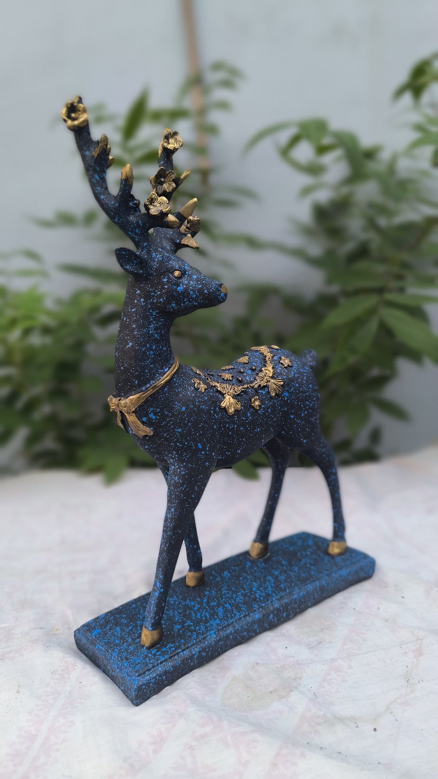 15 Inch Decorative Deer Statue | Blue & Gold Hiran Showpiece for Home Decor, Living Room & Office