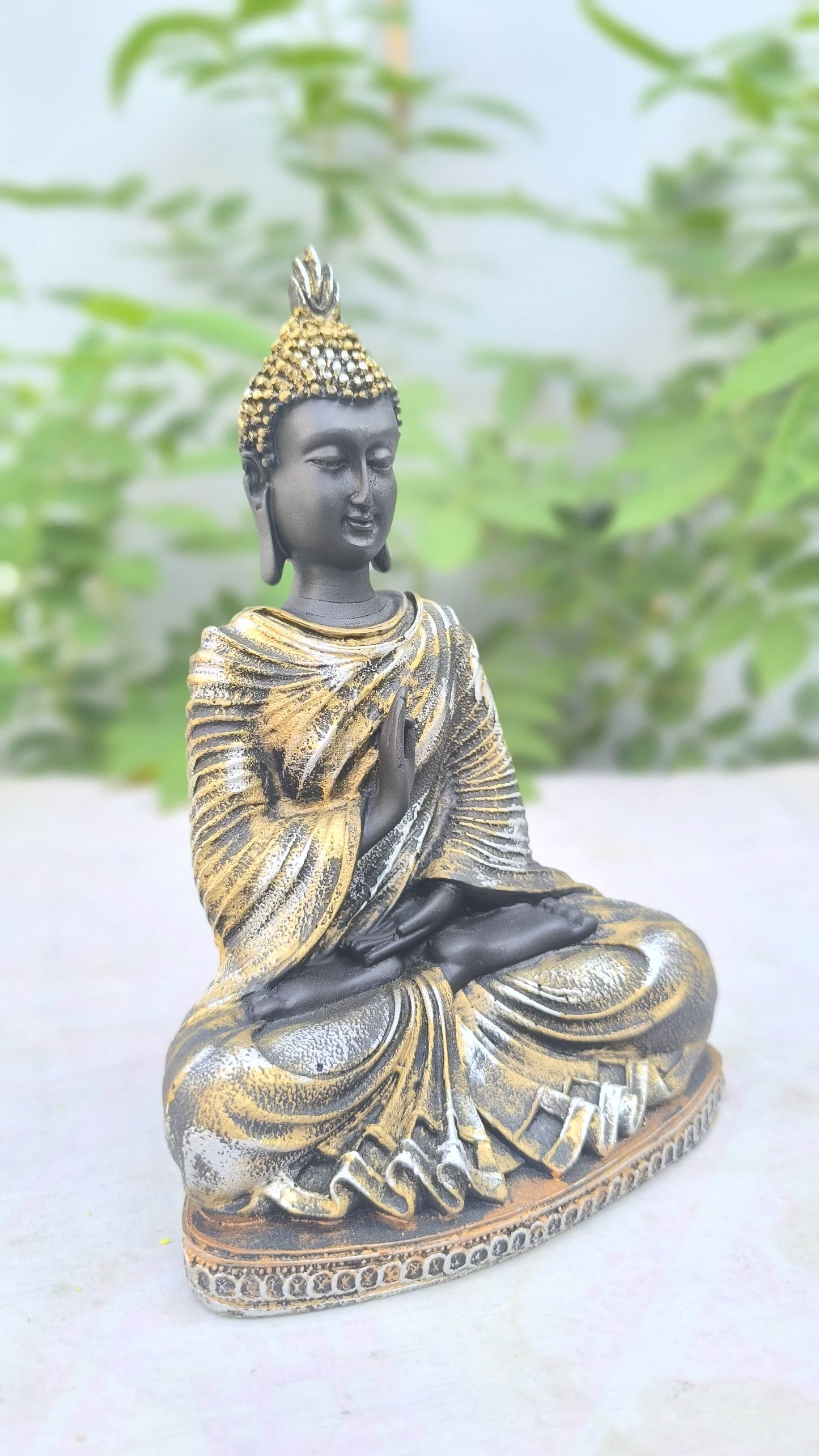 10 Inch Buddha Statue for Home Decor | Antique Finish Gautam Buddha Idol for Peace & Prosperity Black & Yellow