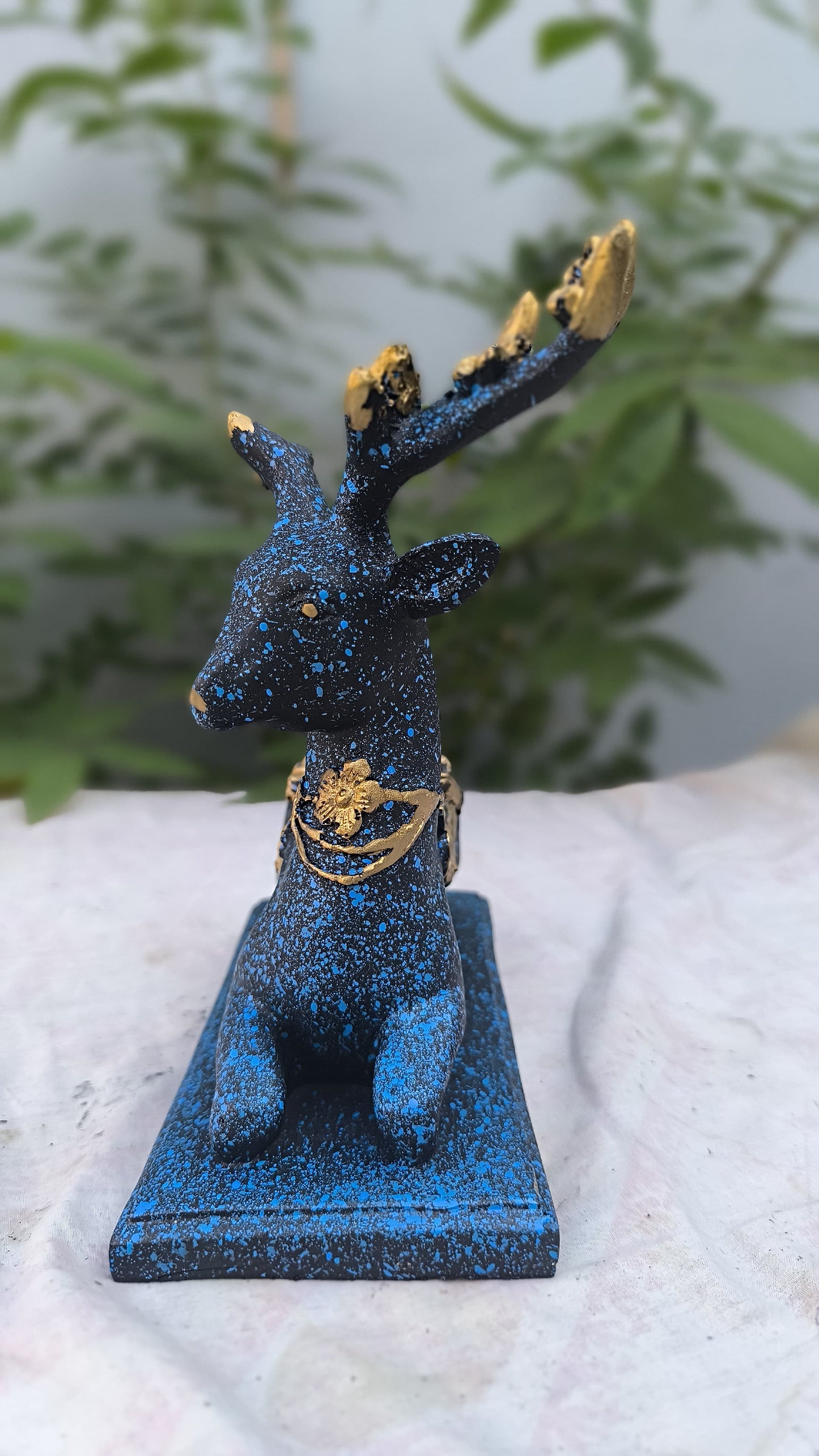 13 Inch Blue Golden Royal Deer Showpiece | Elegant Resin Animal Figurine for Home Decor, Tabletop & Gifting