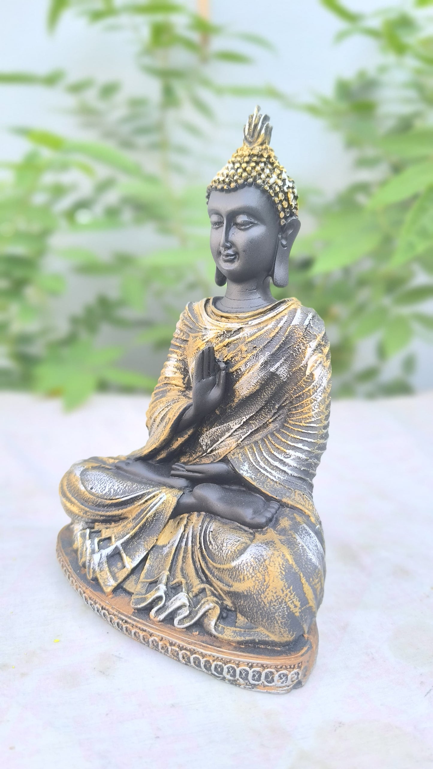 10 Inch Buddha Statue for Home Decor | Antique Finish Gautam Buddha Idol for Peace & Prosperity Black & Yellow