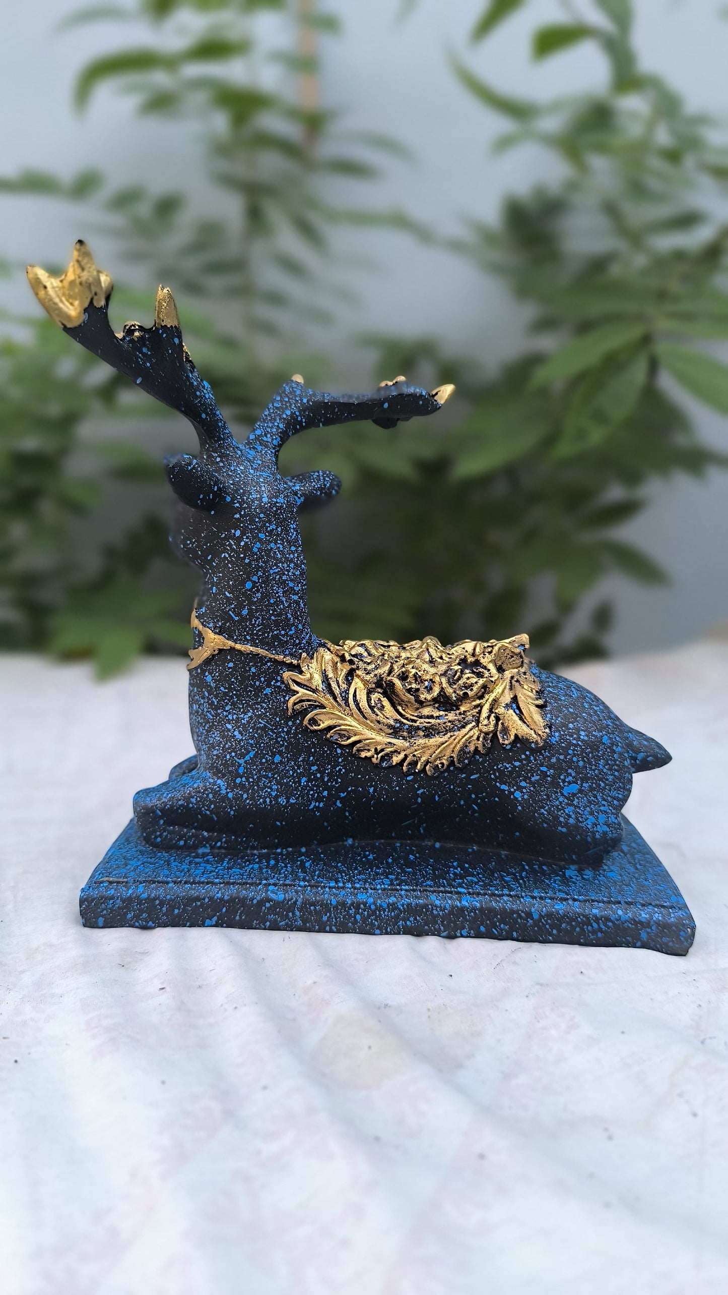 13 Inch Blue Golden Royal Deer Showpiece | Elegant Resin Animal Figurine for Home Decor, Tabletop & Gifting