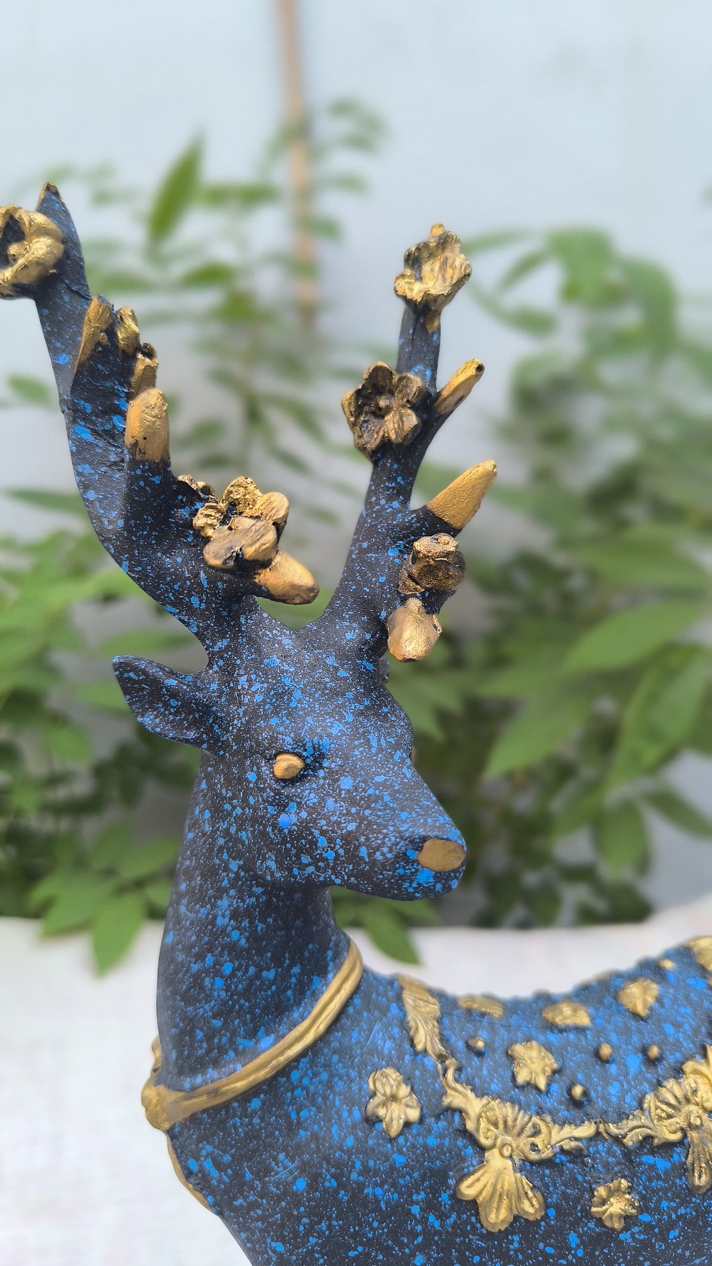 15 Inch Decorative Deer Statue | Blue & Gold Hiran Showpiece for Home Decor, Living Room & Office