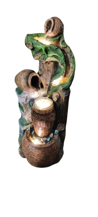Trisaini Craft Jad Matki Water Fountain for Home Decor | Indoor Tabletop Office | Lawn Balcony | Gift Gifting with LED Lights Water Pump | Natural Wooden Log Pot Water Fountain