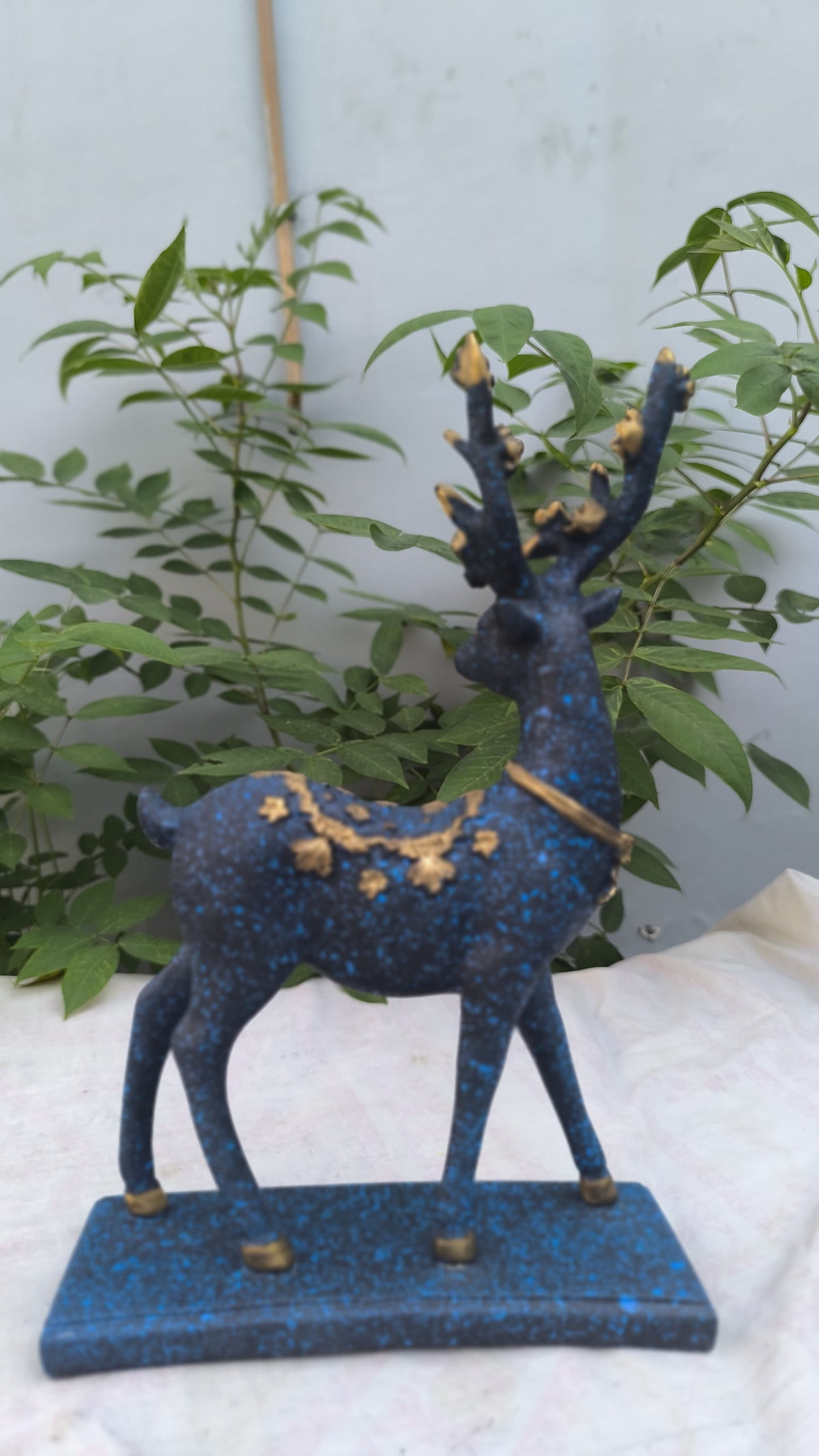 15 Inch Decorative Deer Statue | Blue & Gold Hiran Showpiece for Home Decor, Living Room & Office