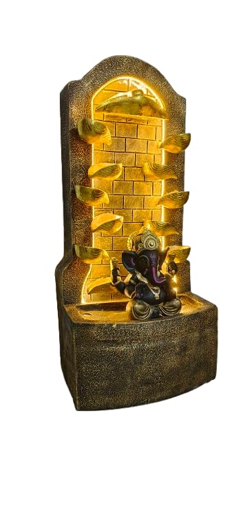 Trisaini Craft Fiberglass Water Fountain 44 Inch Antique Diya Ganesh Fiber Water Fountain for Living Room Home Decor Garden Patio Deck Porch with Led Lights Water Pump