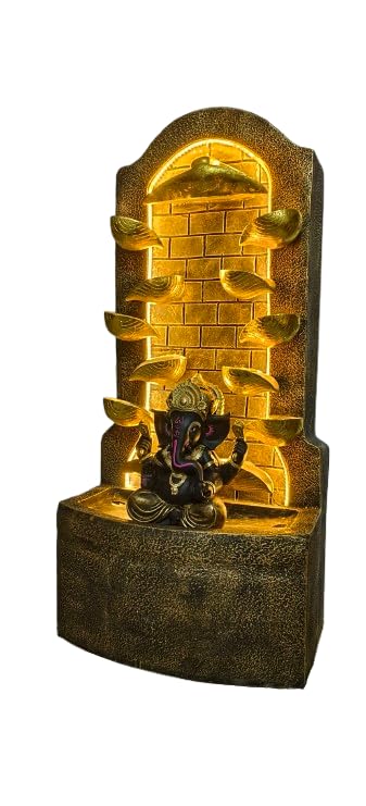 Trisaini Craft Fiberglass Water Fountain 44 Inch Antique Diya Ganesh Fiber Water Fountain for Living Room Home Decor Garden Patio Deck Porch with Led Lights Water Pump