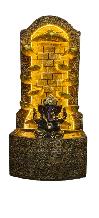 Trisaini Craft Fiberglass Water Fountain 44 Inch Antique Diya Ganesh Fiber Water Fountain for Living Room Home Decor Garden Patio Deck Porch with Led Lights Water Pump