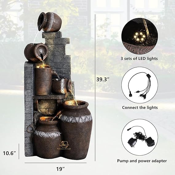 Trisaini Craft Brick Pot Water Fountain for Home Decor | Indoor Tabletop Office | Lawn Balcony | Gift Gifting with LED Lights Water Pump | Brick Matka Water Fountain