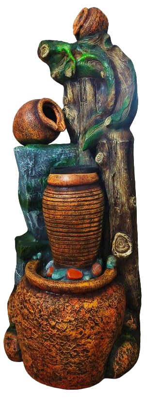 Trisaini Craft Jad Matki Water Fountain for Home Decor | Indoor Tabletop Office | Lawn Balcony | Gift Gifting with LED Lights Water Pump | Natural Wooden Log Pot Water Fountain