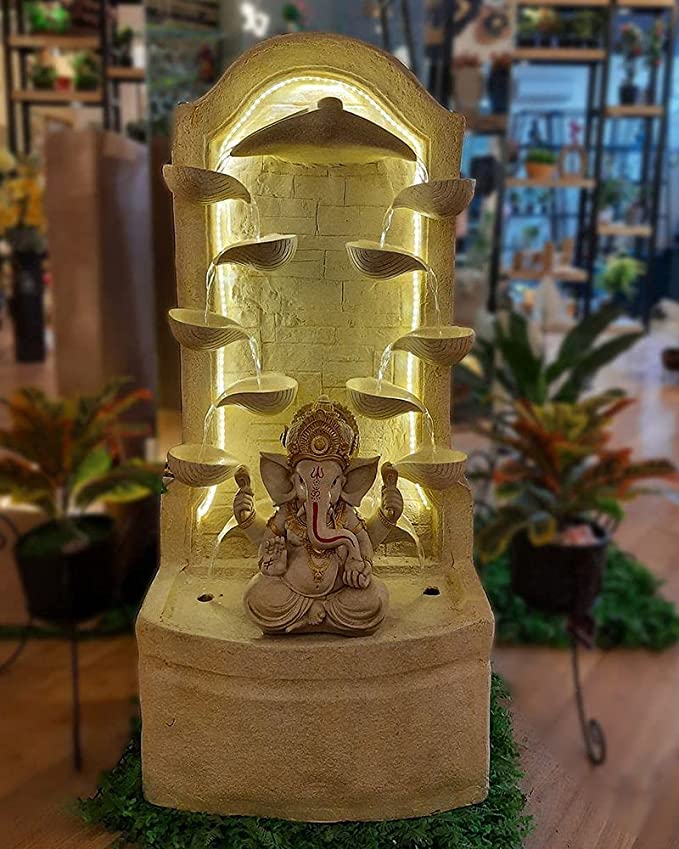 Trisaini Craft Resin, Fiberglass Water Fountain 44 Inch Long Diya Ganesh Fiber Water Fountain for Living Room Home Decor Garden Patio Deck Porch with Led Lights Water Pump