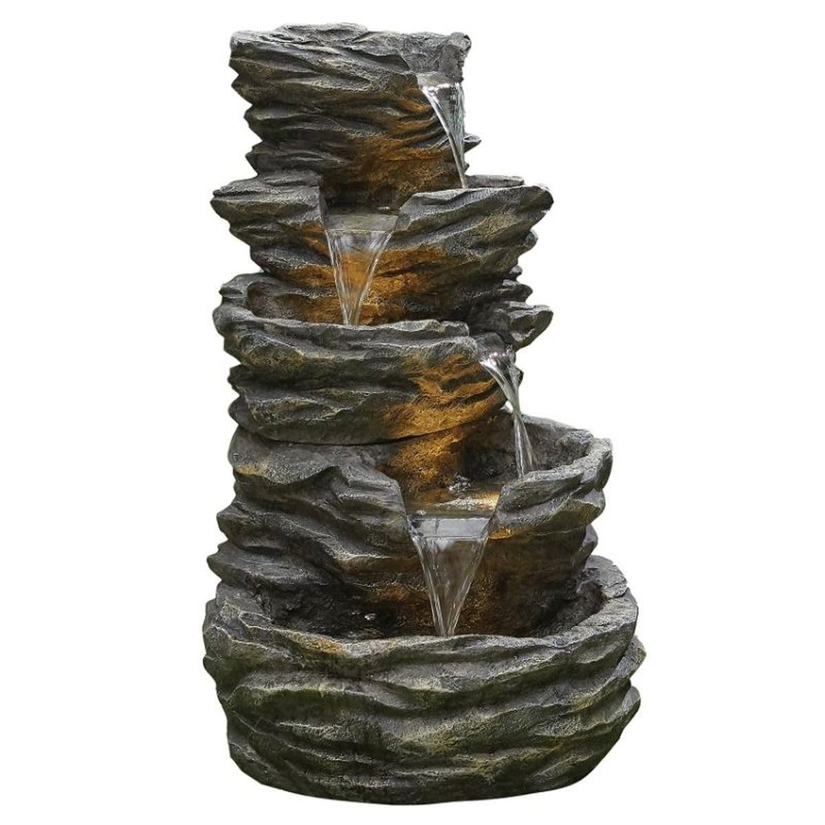 Trisaini Craft 5 Tier Cascading Spiral Sea Green Rock Fountain for Indoor Outdoor Living Room Home Decor Garden Patio Deck Porch - Yard Art Decoration Gift Gifting with Light and Water Pump