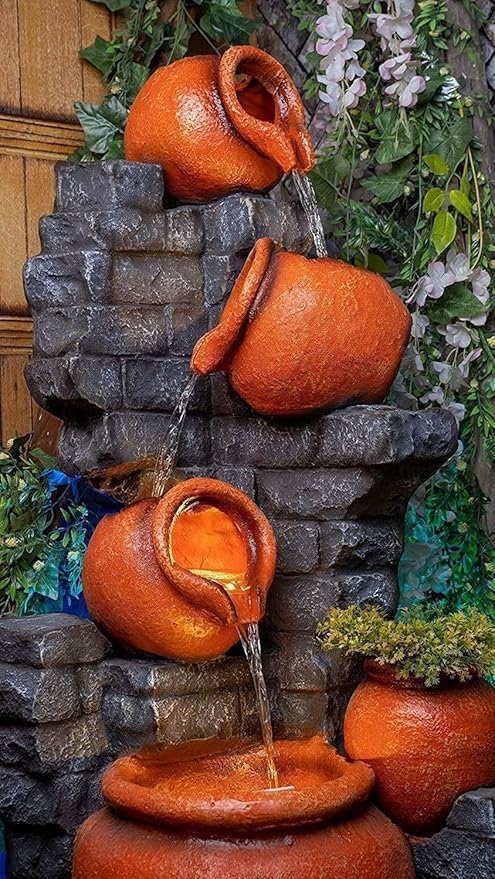 Trisaini Craft 48 inch Long Brick Pot Water Fountain for Home Decor | Indoor Tabletop Office | Lawn Balcony | Gift Gifting with LED Lights Water Pump | 4 Feet Brick Matka Water Fountain (Brown Grey)