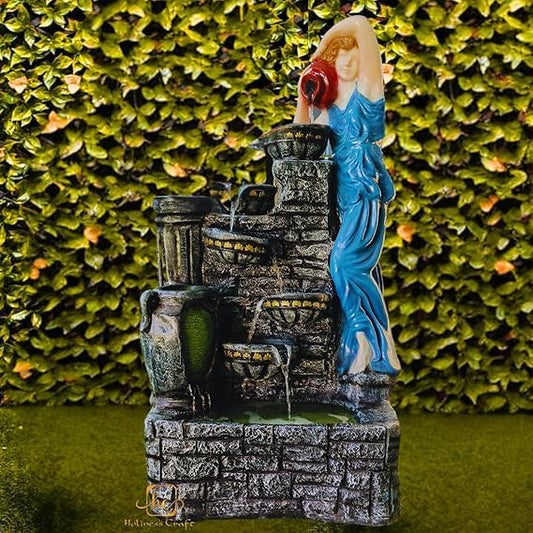 Trisaini Craft 4.5 Feet Lady with 4 Pot Premium Fiber Water Fountain for Living Room Home Decor Garden Patio Deck Porch - Yard Art Decoration Gift Gifting with LED Lights Water Pump