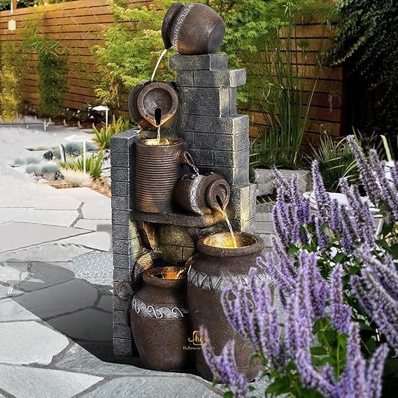 Trisaini Craft Brick Pot Water Fountain for Home Decor | Indoor Tabletop Office | Lawn Balcony | Gift Gifting with LED Lights Water Pump | Brick Matka Water Fountain