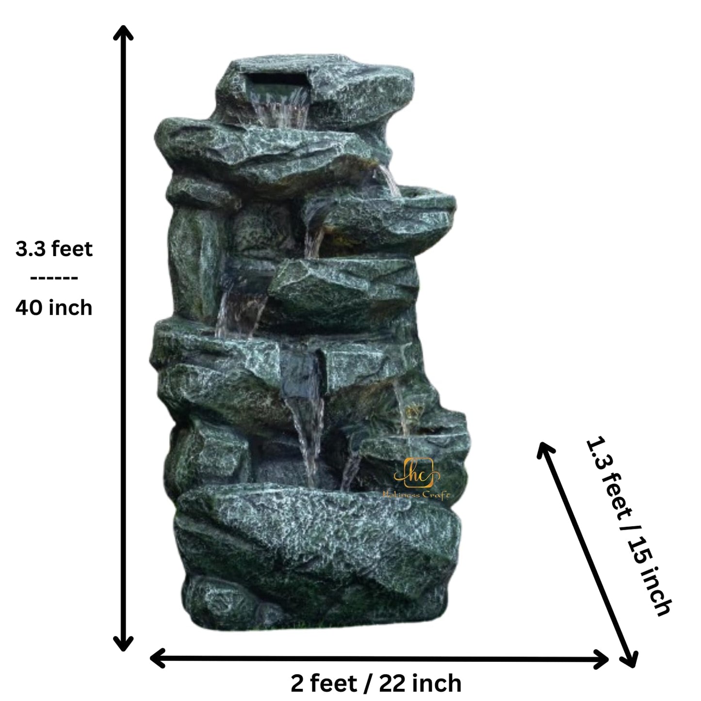 Trisaini Craft Rock Waterfall Fountain, Indoor Outdoor Multi-Tier Cascading Design, Green Stone Finish with LED Lights and Water Motor